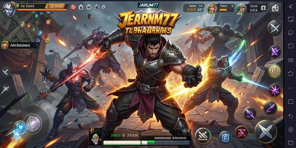 Screenshot gameplay JARUM77 menampilkan aksi pertarungan yang intens dan mendebarkan.