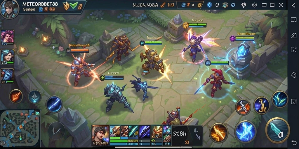 Screenshot gameplay MOBA dengan karakter bertarung di arena.