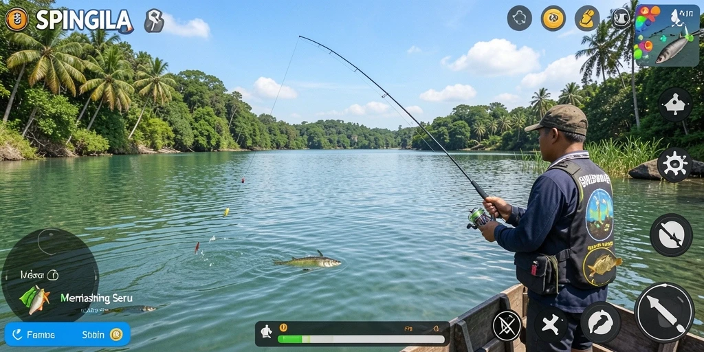 Tampilan gameplay SPINGILA yang menampilkan aksi memancing seru.